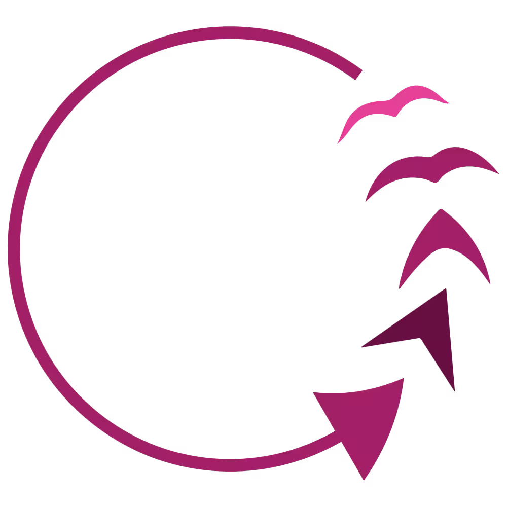 About Face women's empowerment conference circular logo icon in pink and purple with arrows and wings representing growth and strength.