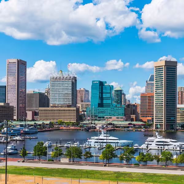image of Baltimore, Maryland harbor amidst buildings and clouds in a blue sky