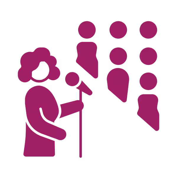 Fuchsia graphic of a woman motivational speaker holding a microphone addressing an audience.