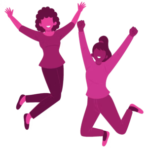 A fuchsia pink and purple graphic animation of two happy women jumping in the air.